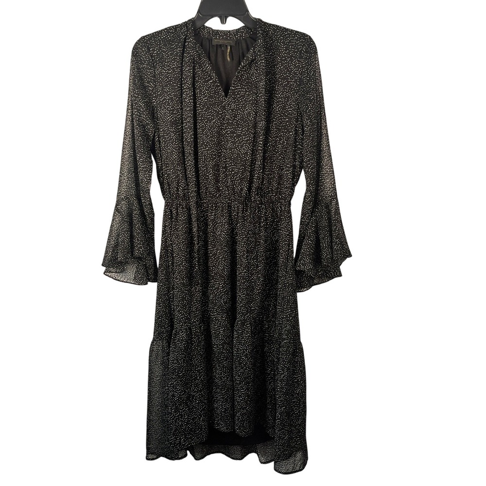 Donna Karan New York Dress Womens 6 Black Polka Dot Bell Sleeve Chiffon Boho
